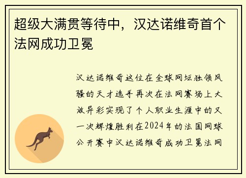 超级大满贯等待中，汉达诺维奇首个法网成功卫冕